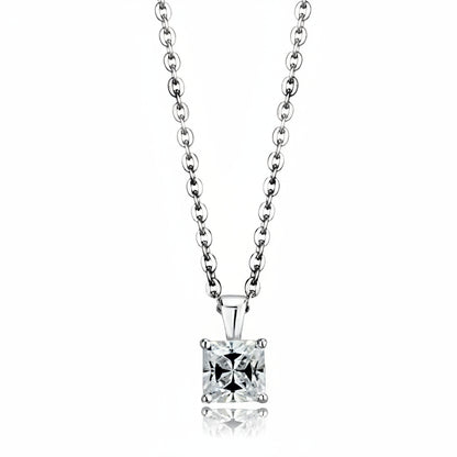 Silver necklace with a diamond pendant on a white background