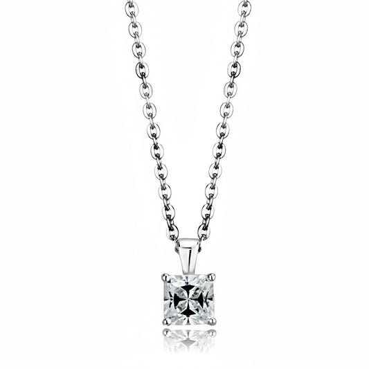 Silver necklace with a diamond pendant on a white background