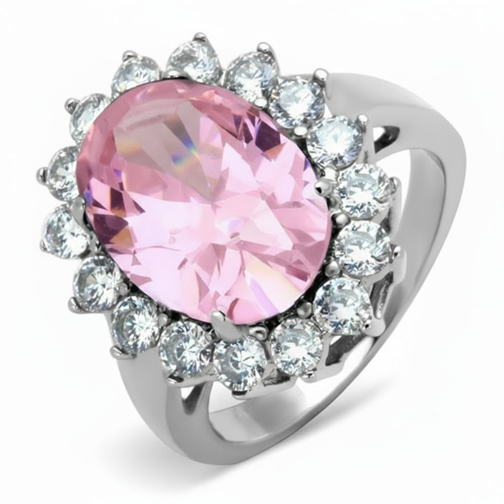 Ring with a pink gemstone and diamond-like stones on a white background