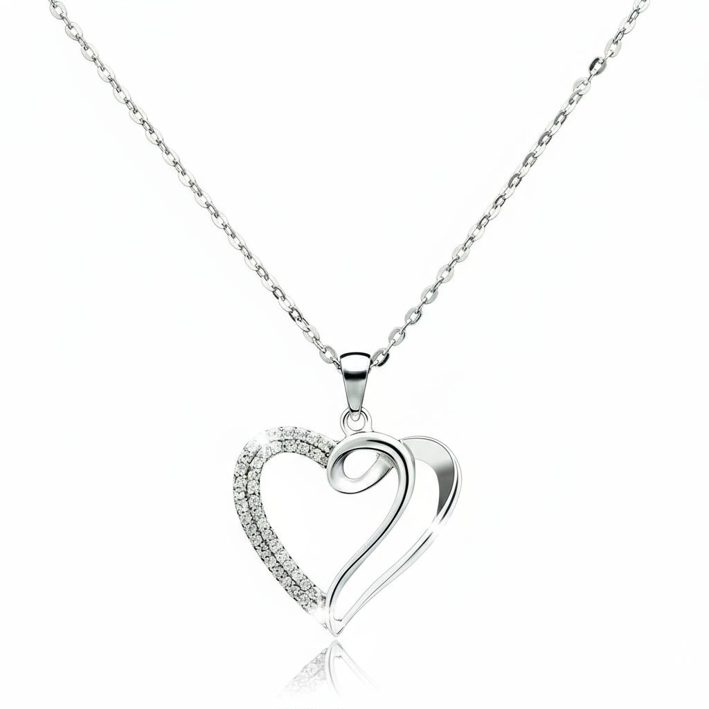 Silver heart-shaped pendant necklace on a white background