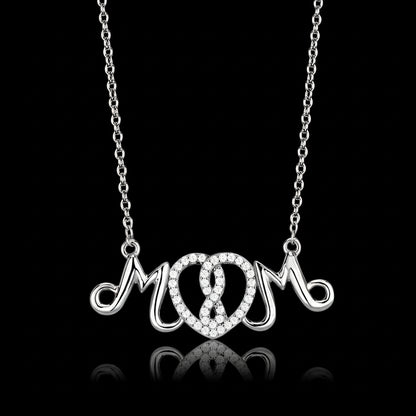 Silver necklace with 'MOM' pendant on a black background