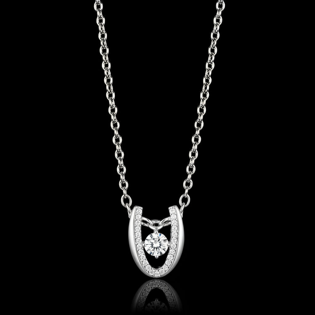 Silver necklace with a horseshoe-shaped pendant on a black background