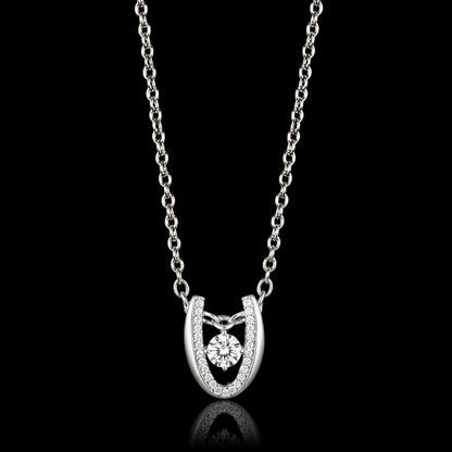 Silver necklace with a horseshoe-shaped pendant on a black background